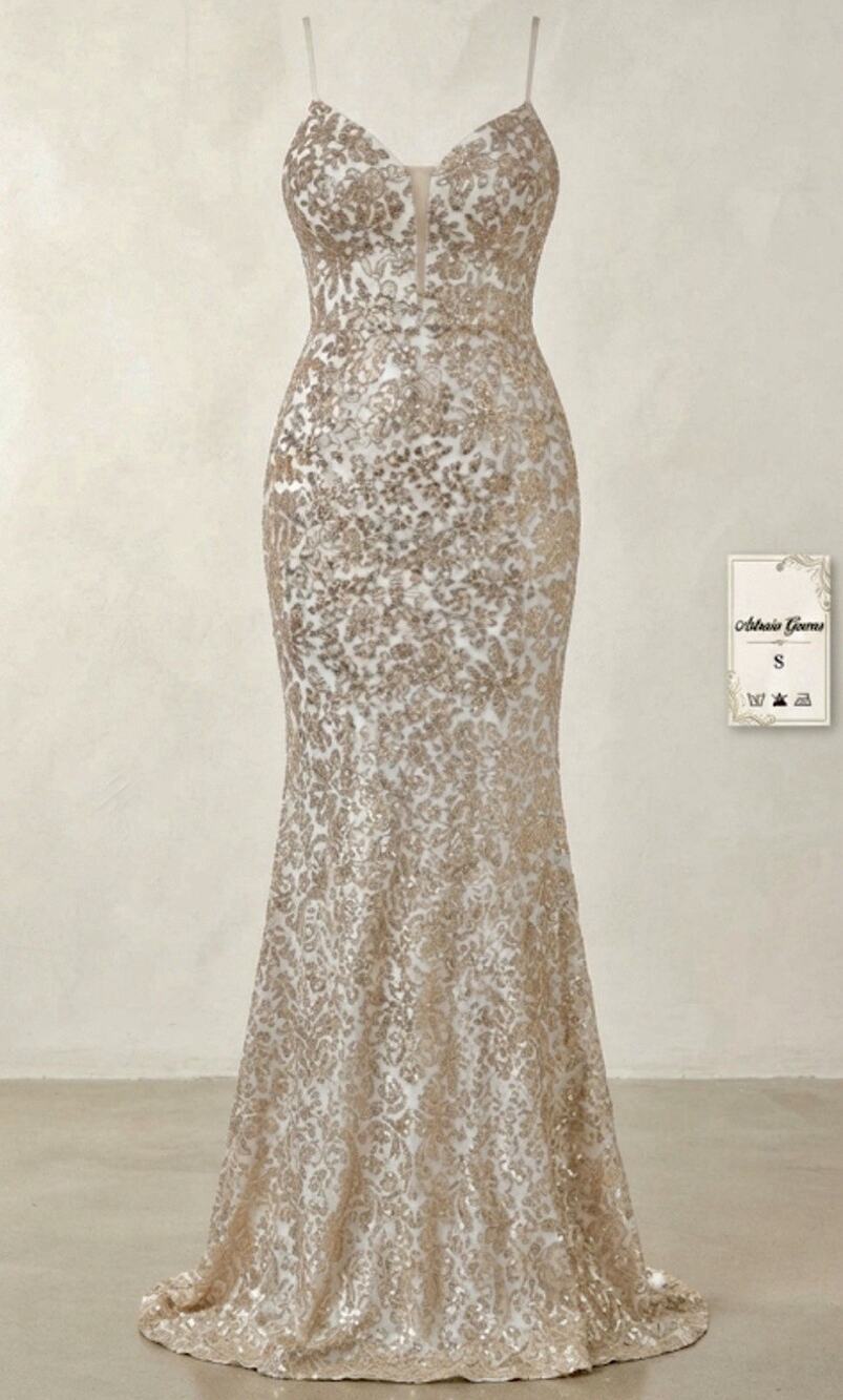 City Studio Ivory Gold Lace Sequin Beaded V-Neck Gown Zip Lined Size 0